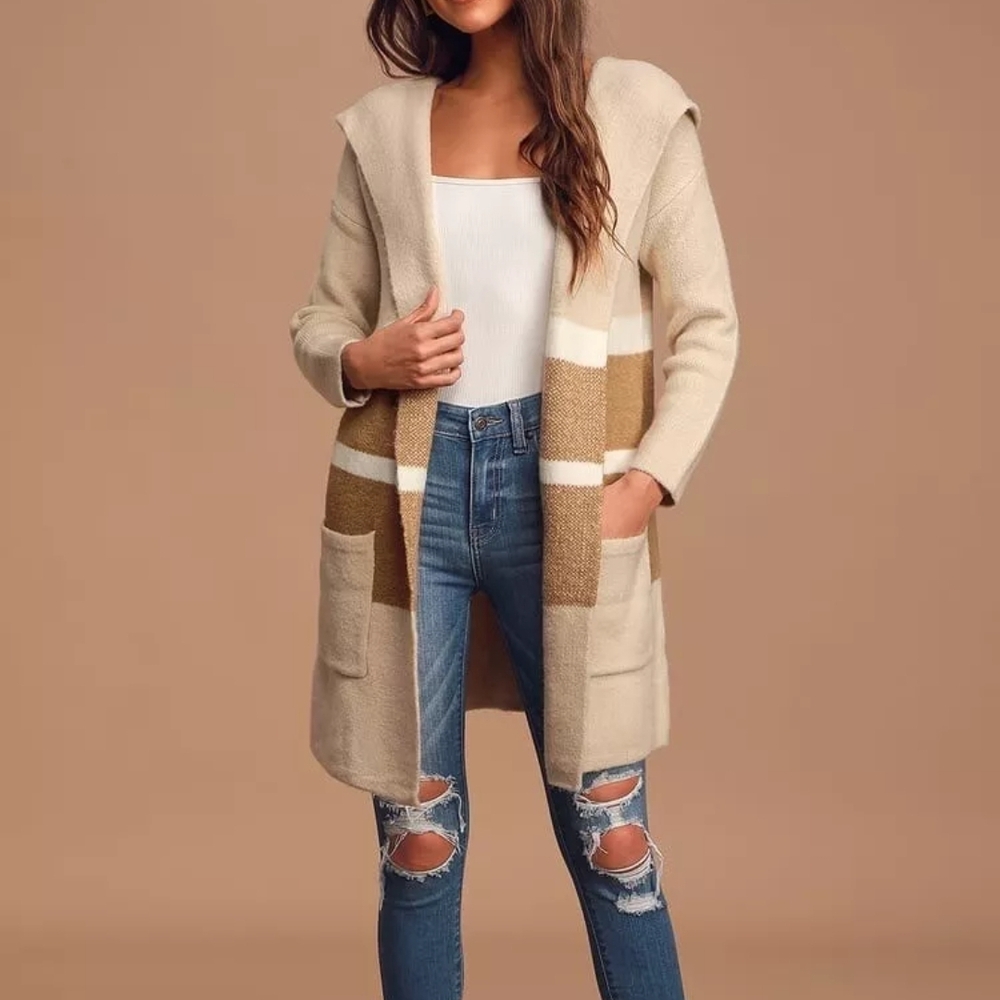 Lulus Carlsbad Tan and Cream Hooded Cozy Oversized Cardigan Sweater S/M